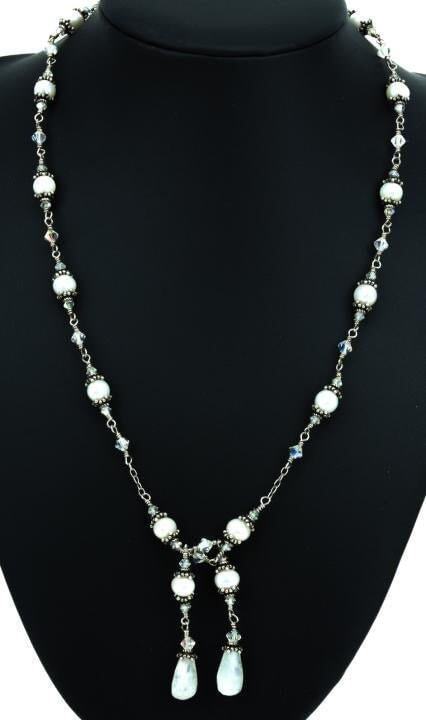 Sterling Silver Moonstone Pearl & Crystal Necklace 22 inches -Elegant!