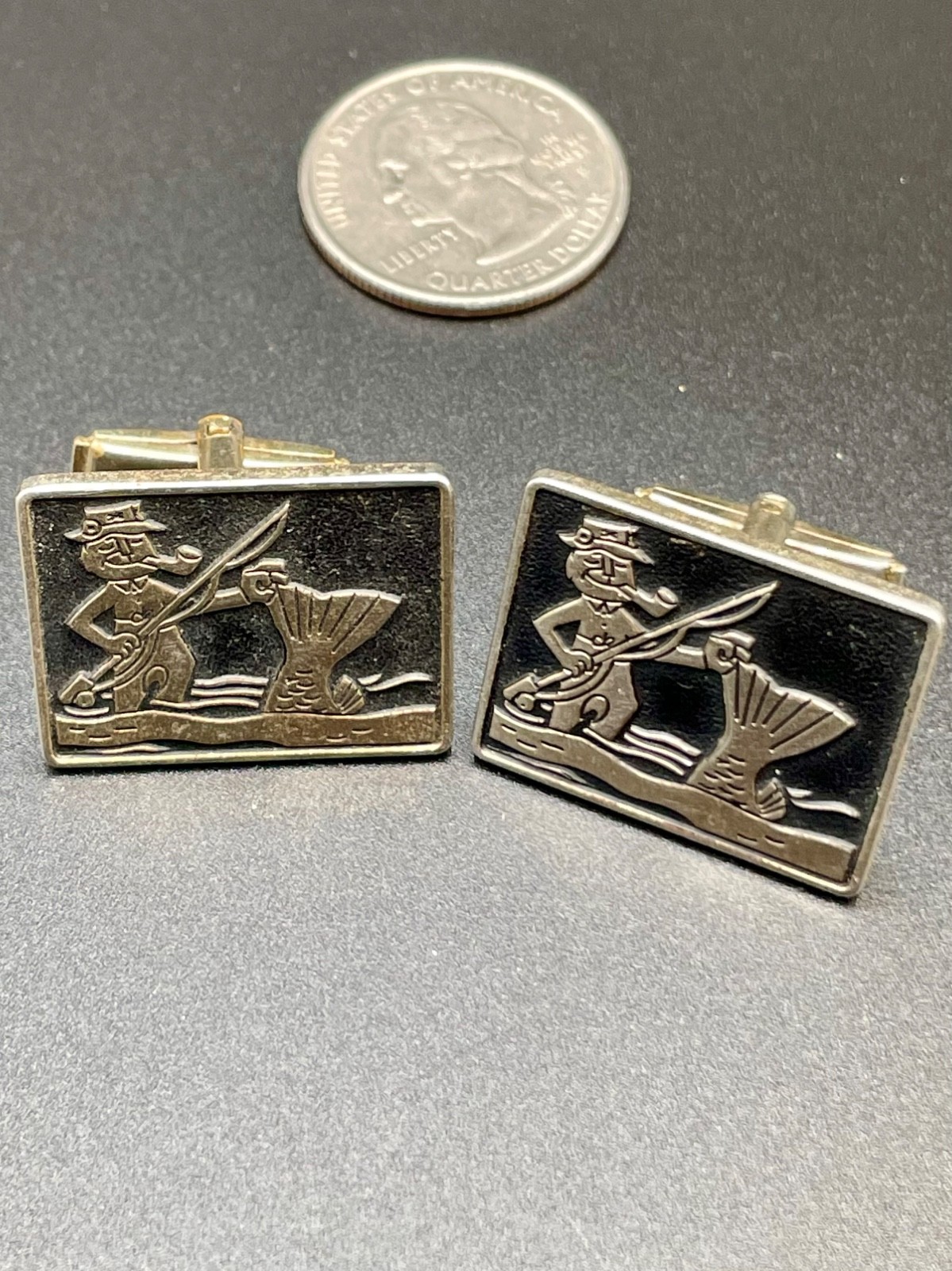 Vintage Fisherman Large Fish Scene Black Enamel Cufflinks Gold Tone Fishing