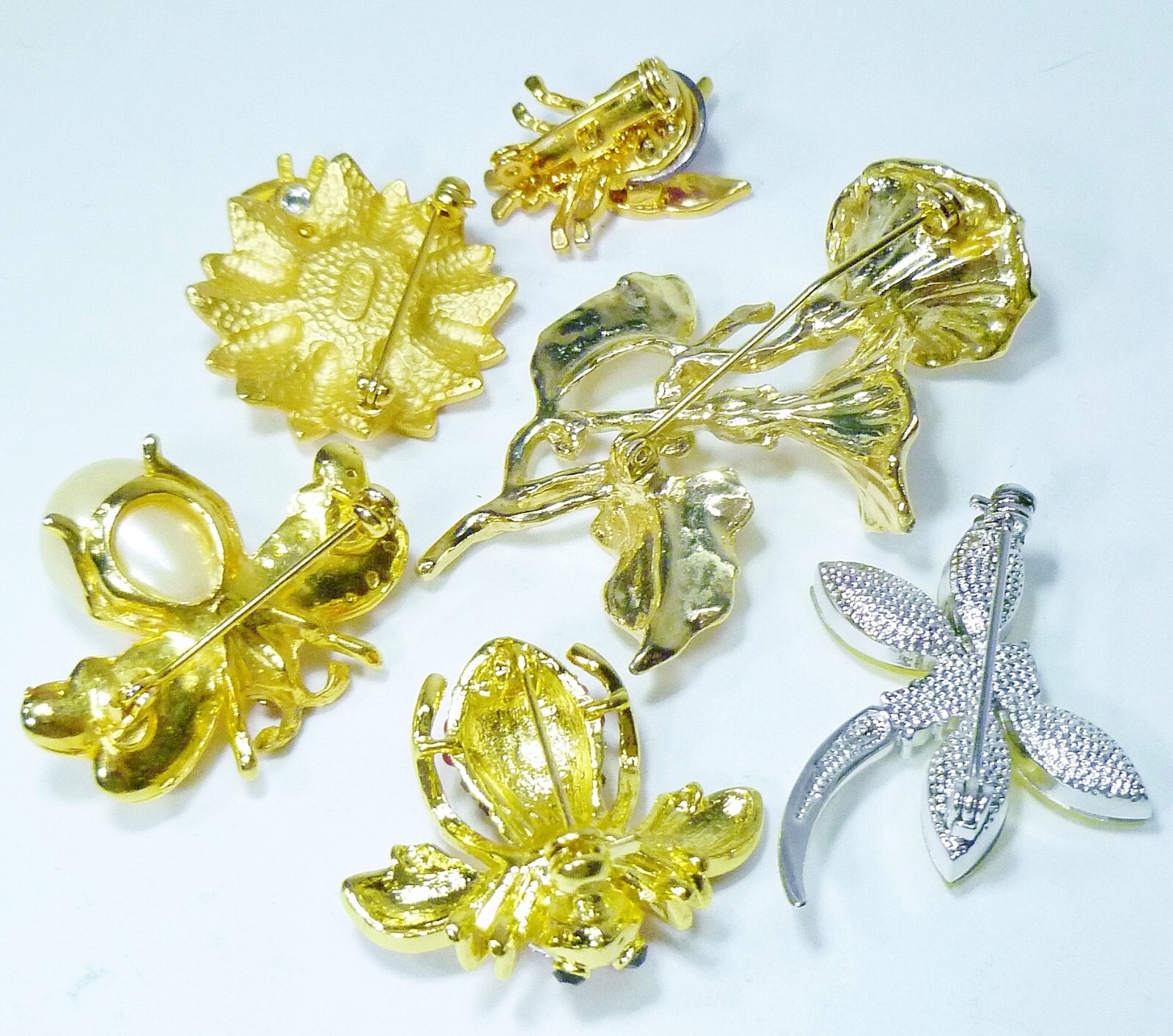 Lot of 6 Rhinestone Insect Bugs & Flowers Brooch Pins