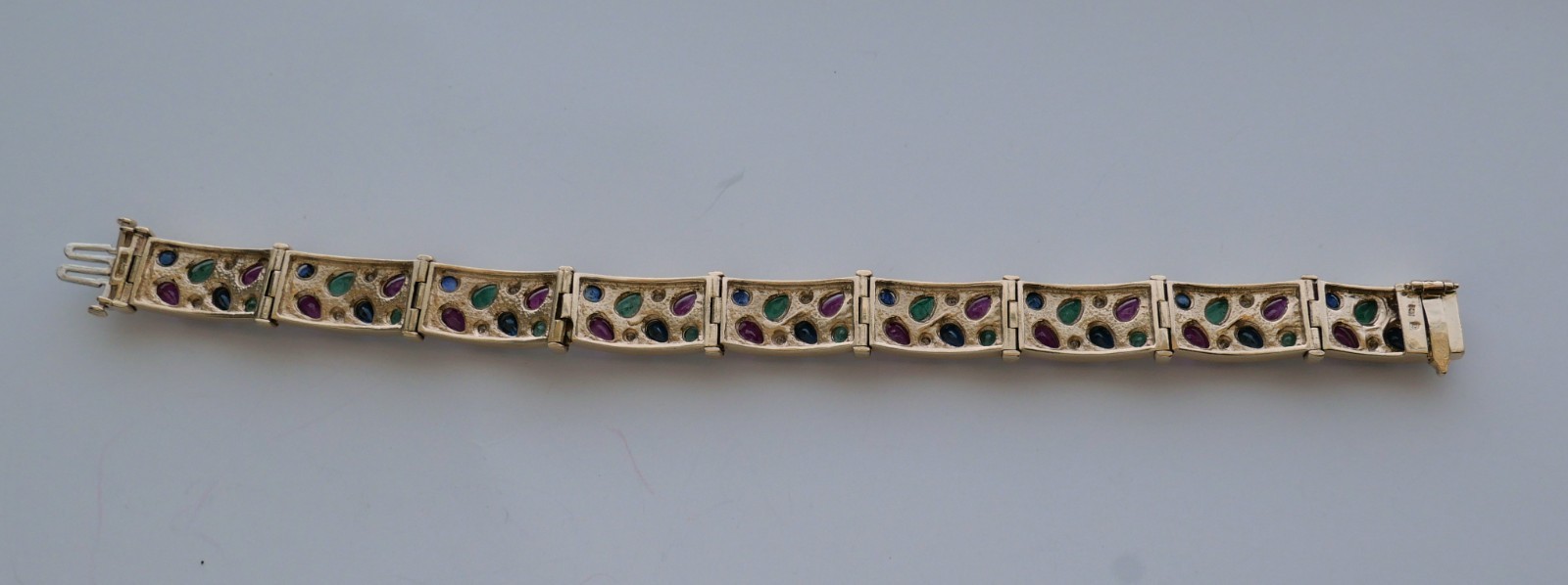 Vintage 14K Yellow Gold Ruby Emerald Sapphire Diamond Link Bracelet 7.25”