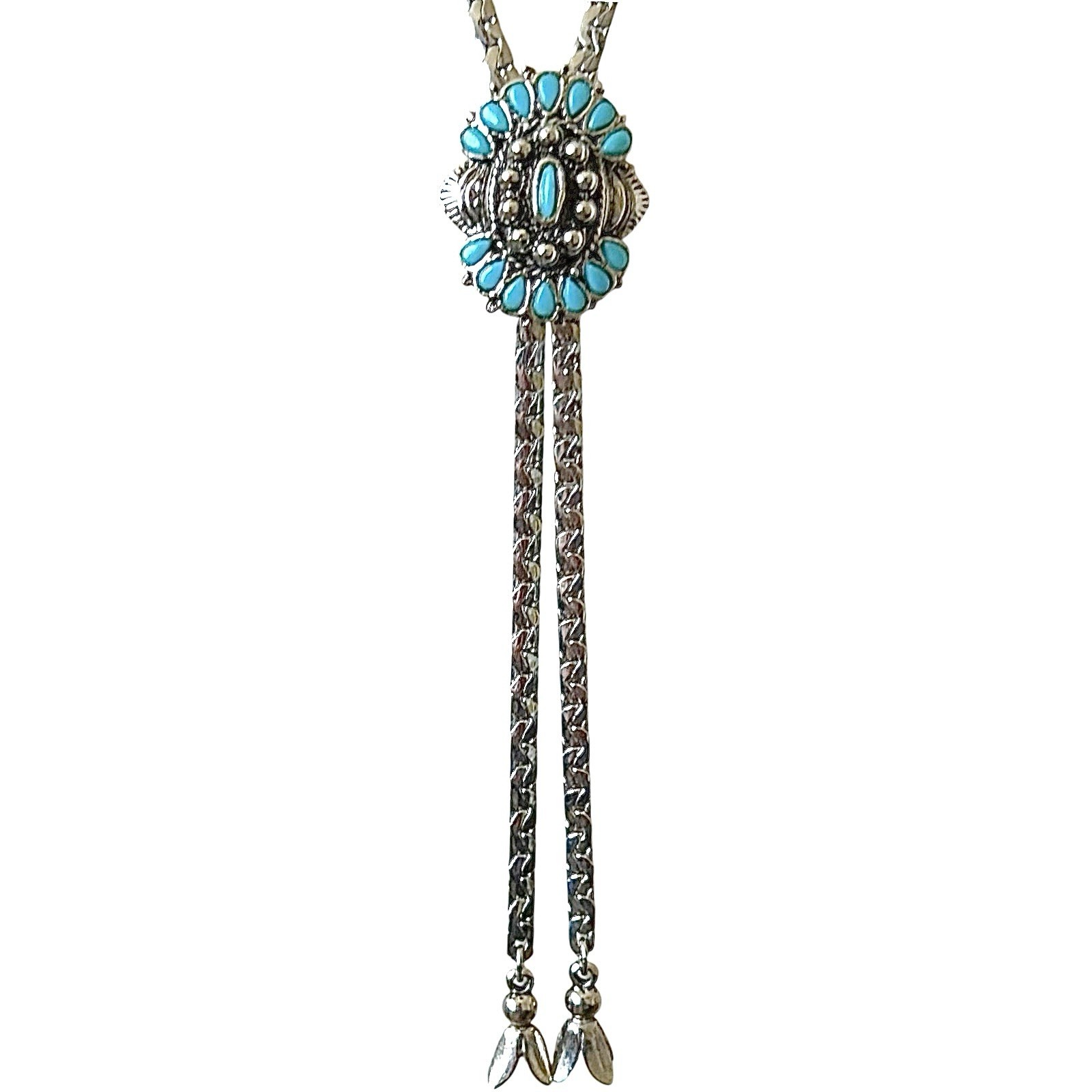 VTG Signed GOLDETTE Bolo Lariat Necklace 30” Silvertone Turquoise Southwestern