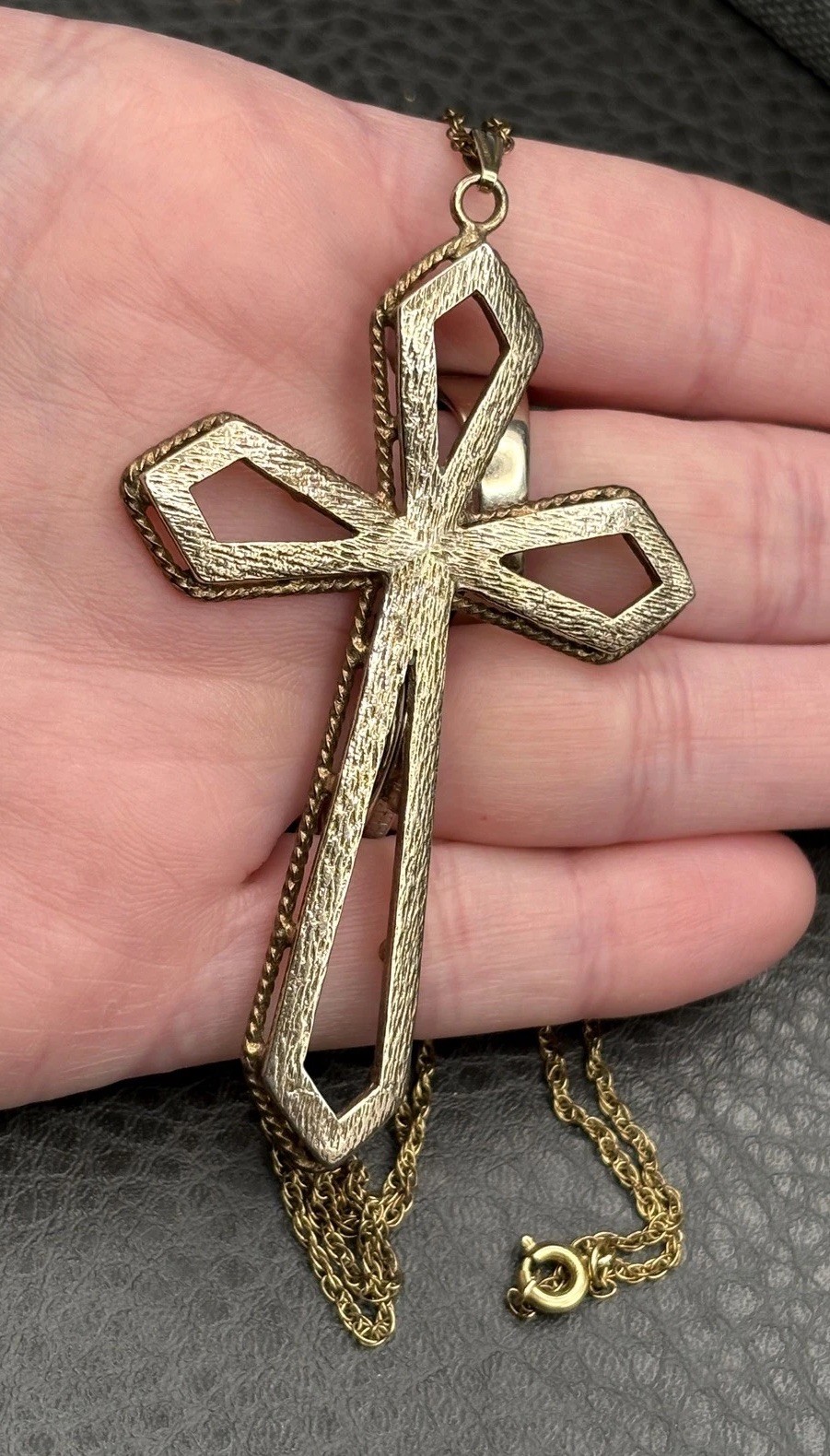 HUGE Vermeil Sterling Silver Cross Pendant And Gold Filled Chain Necklace 28”