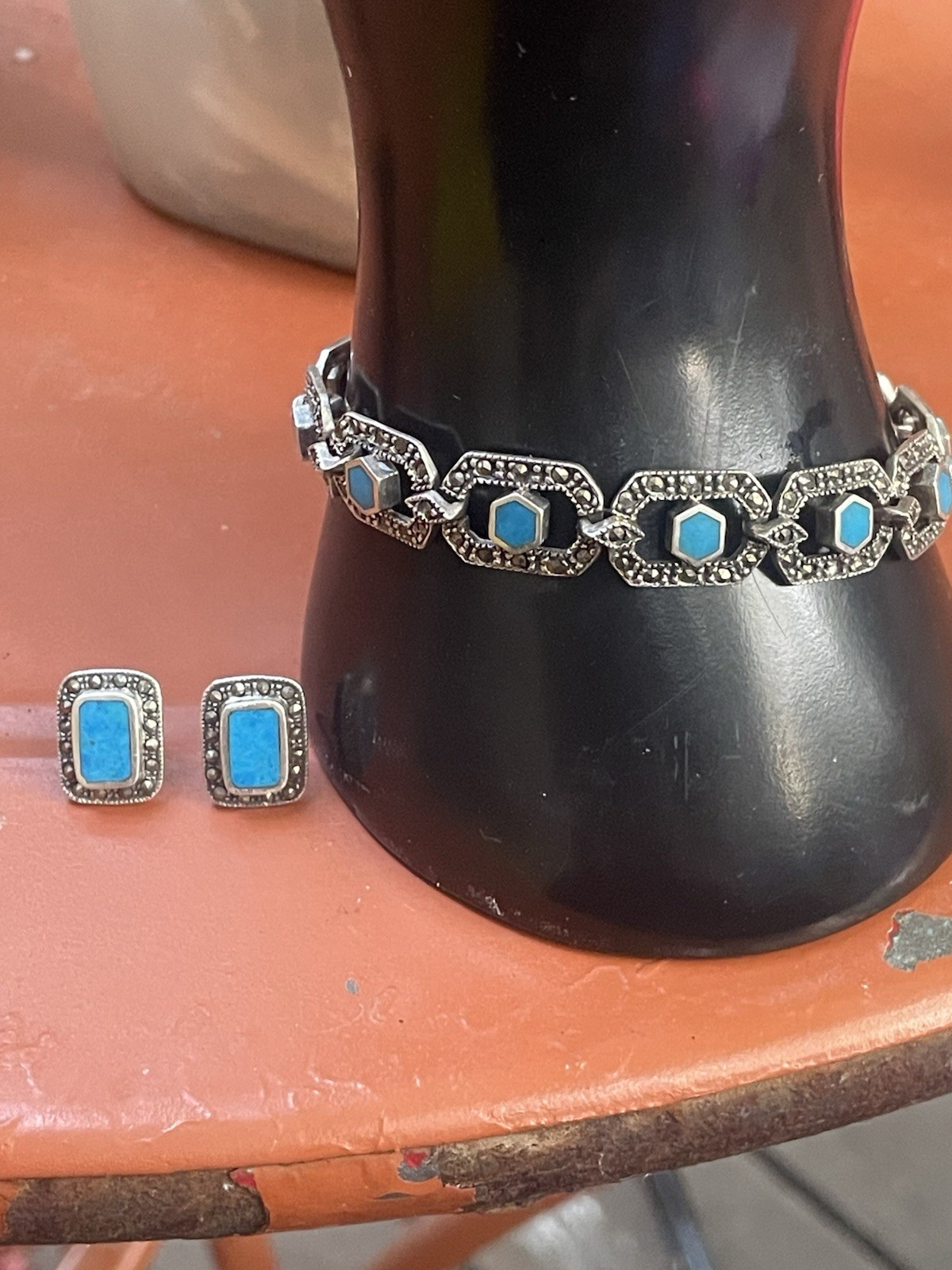 VTG .925 Stamped Sterling Silver Geometric Blue Turquoise Bracelet And Earrings