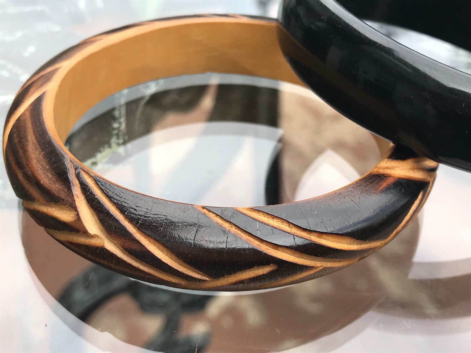 Vintage Bangles Mixed Pair, Lucite and Wood