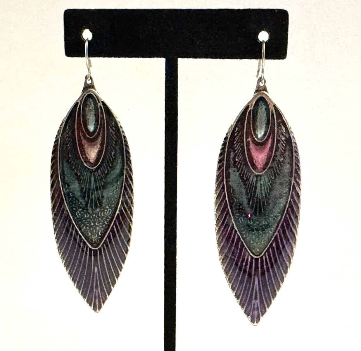 Peacock Design Green Purple Pink Enamel Feather Dangle Pierced Earrings Estate
