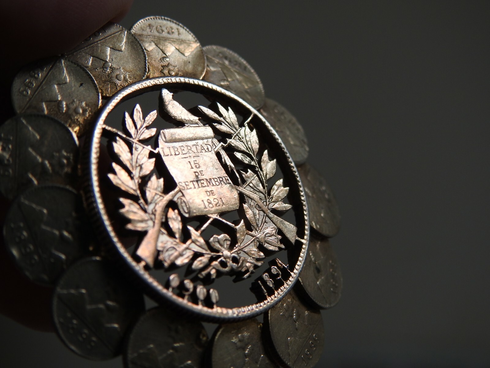 13 antique 1/4 REAL COINS & 1 PESO COIN PIN GUATEMALA silver brooch