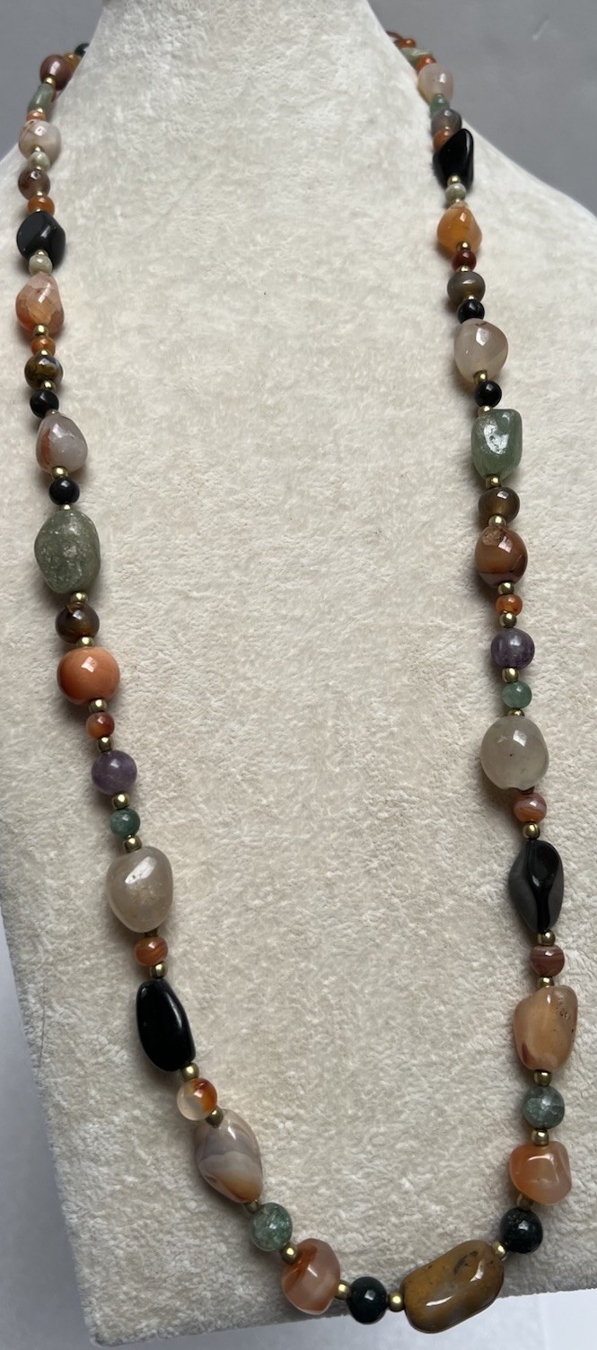 Vintage Agate Amethyst Chalcedony Beaded Necklace 31”