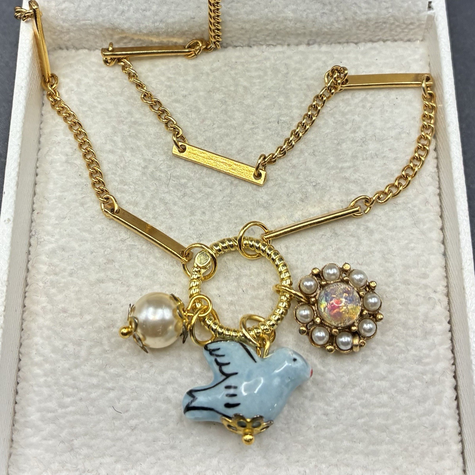 Dainty Vintage Charm Trio, Vtg Gold Plated Chain Necklace, Faux Opal, Bird +