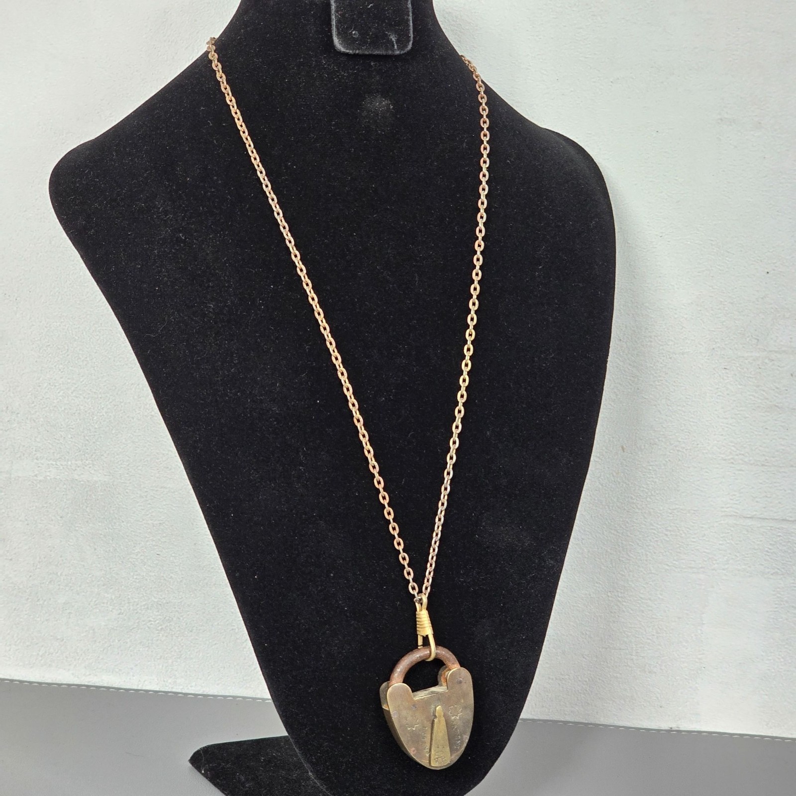 Vintage 19th Century Brass & Iron VR Crown Heart Padlock Pendant Chain Necklace