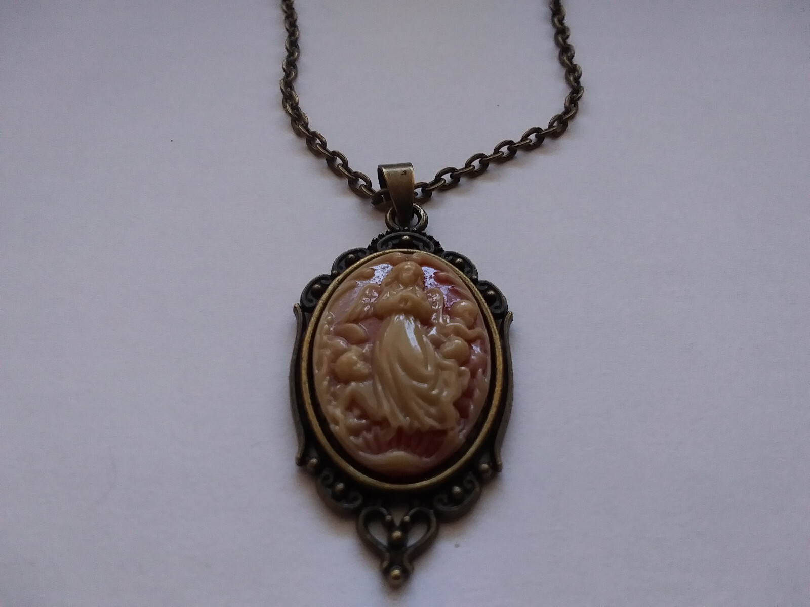 Rococo Guardian Angel Cameo pendant Ivory Shell look bronze chain necklace OOAK!