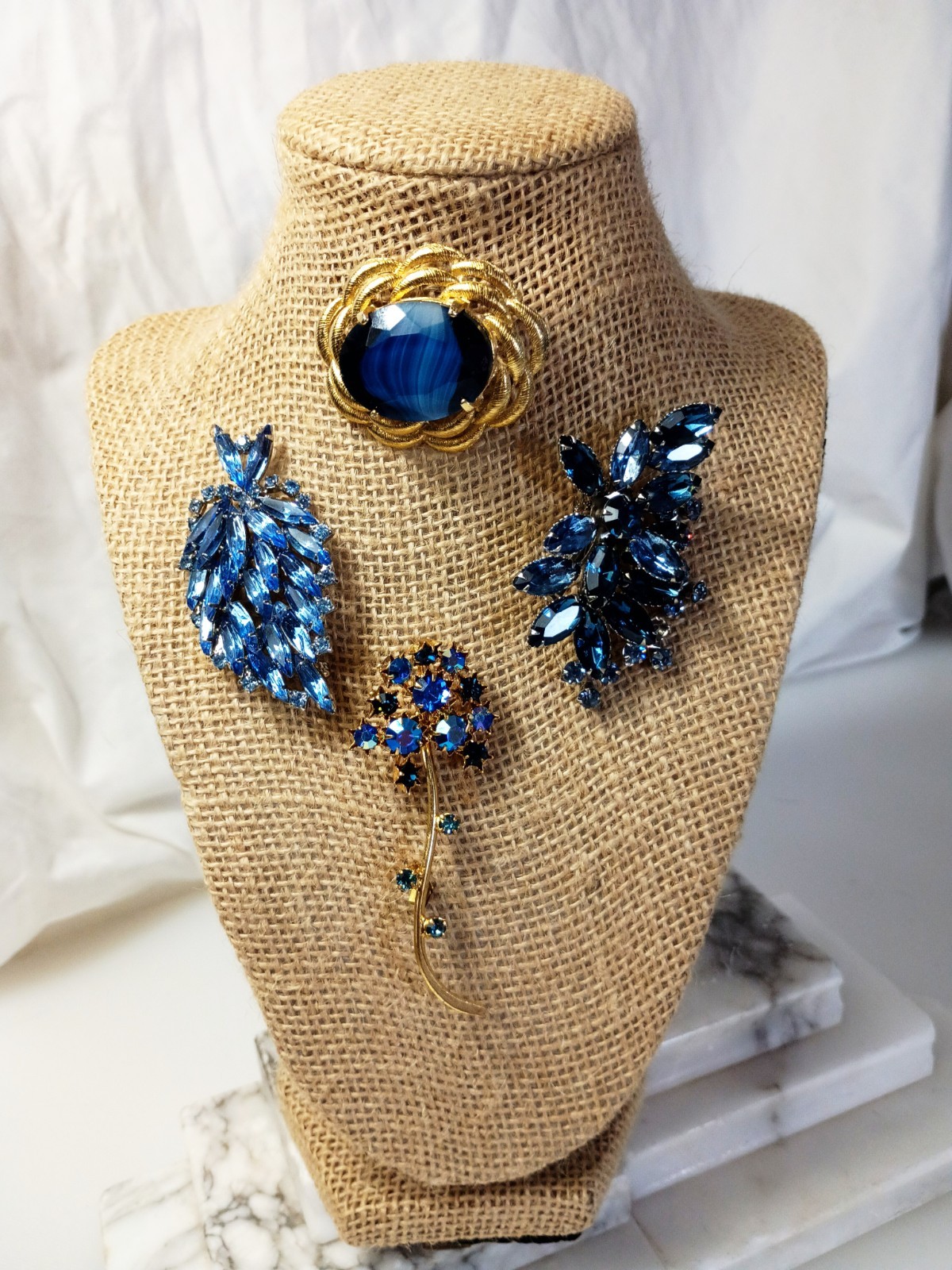 Rhinestone Costume Vintage Jewelry Lot, 4 Piece, Blue, Silver Tones, Gold Tones