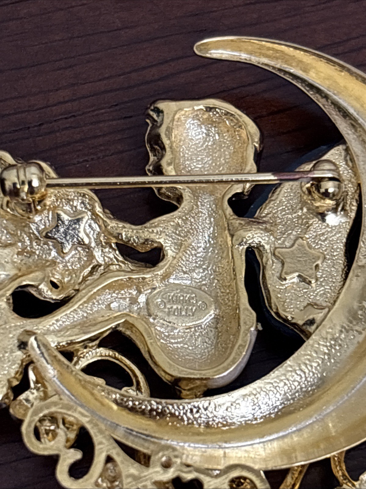 Vintage Kirks Folly Gold Fairy on Crescent Moon Dangle Brooch w Charms 2″