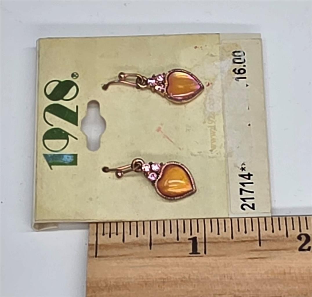 NEW ON CARD HEART DANGLE 1928 EARRINGS ROSE GOLD TONE SETTING~FREE US SHIP
