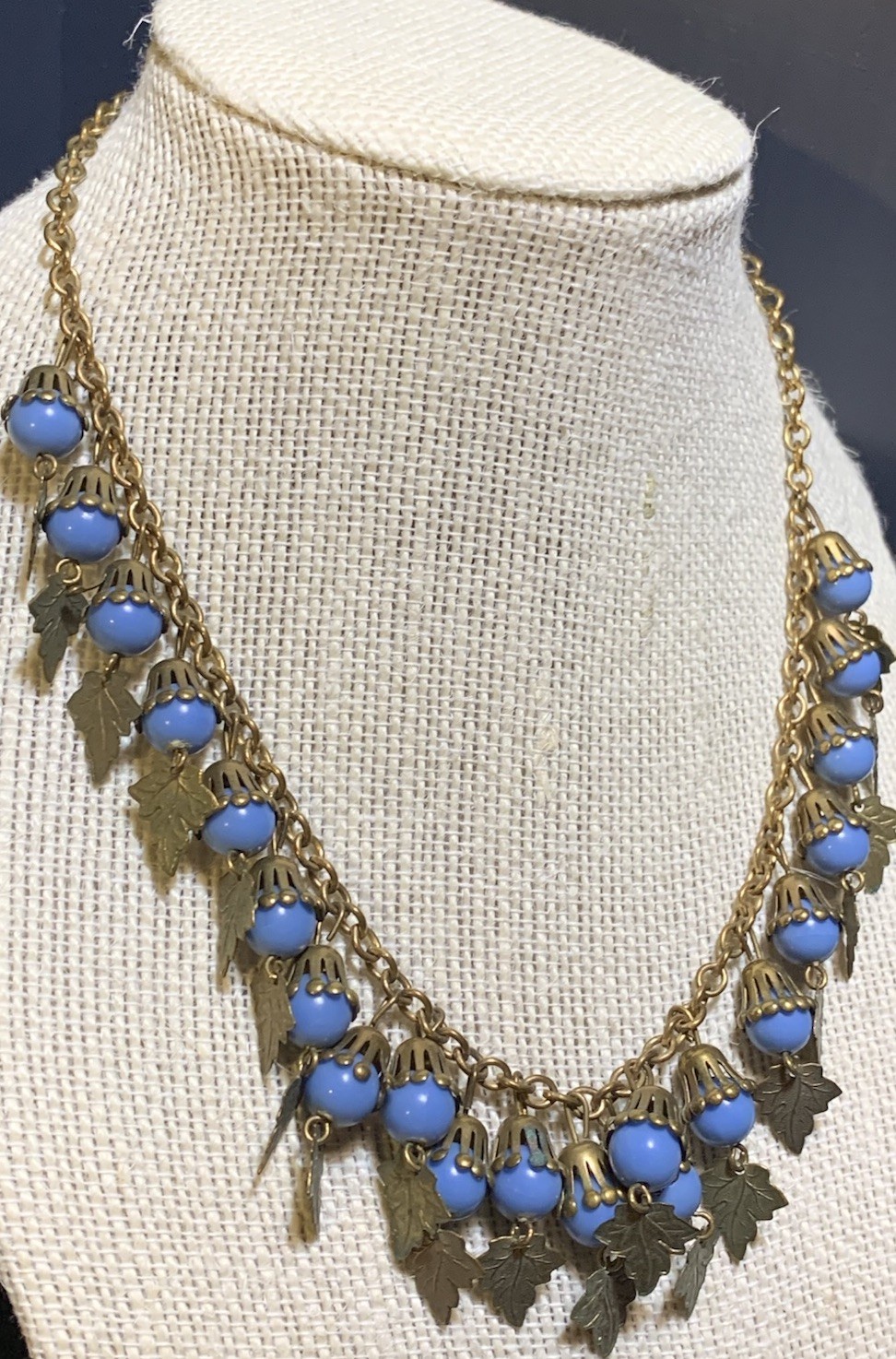 Vintage 16” Flower-like Capped Blue Celluloid Balls w/ Dangling Leaves Necklace