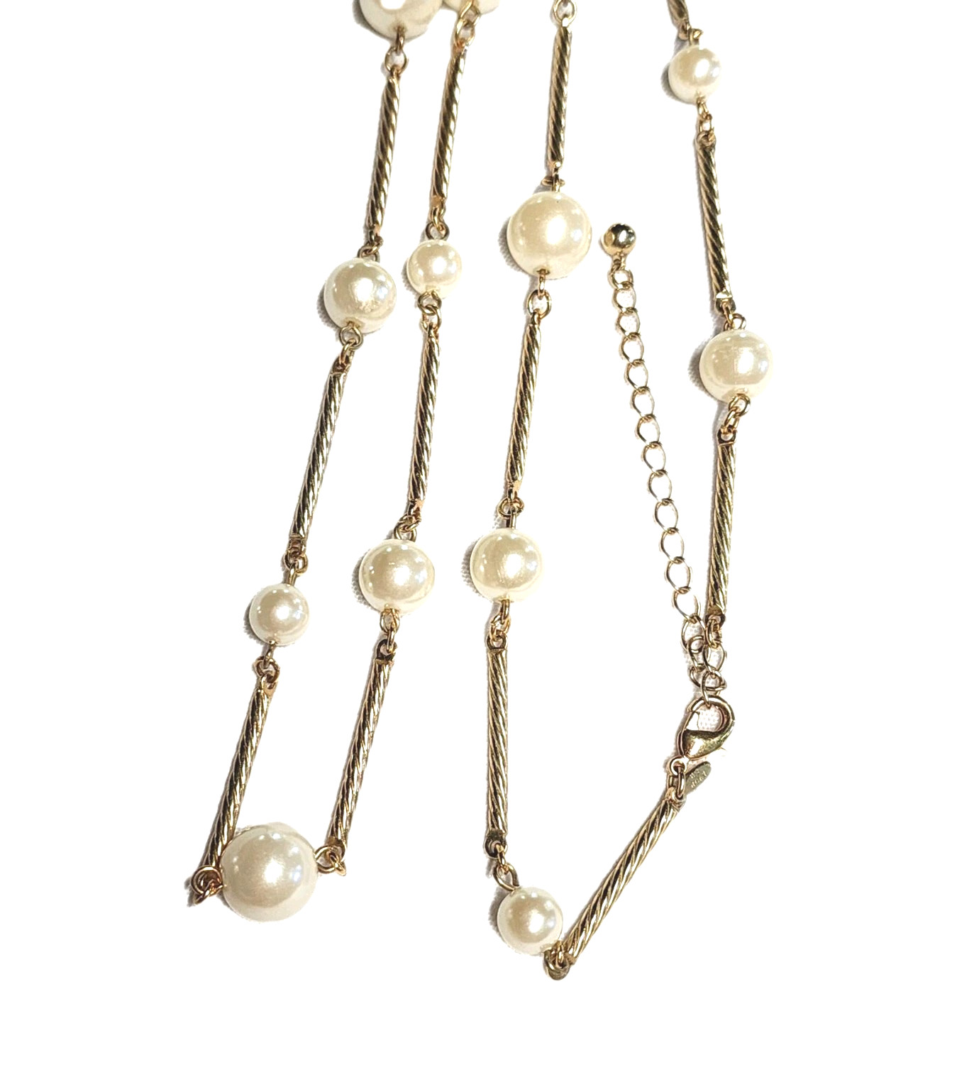VTG AVON SH Gold Tone Twisted Bar Link & Cream White Faux Pearl Station Necklace