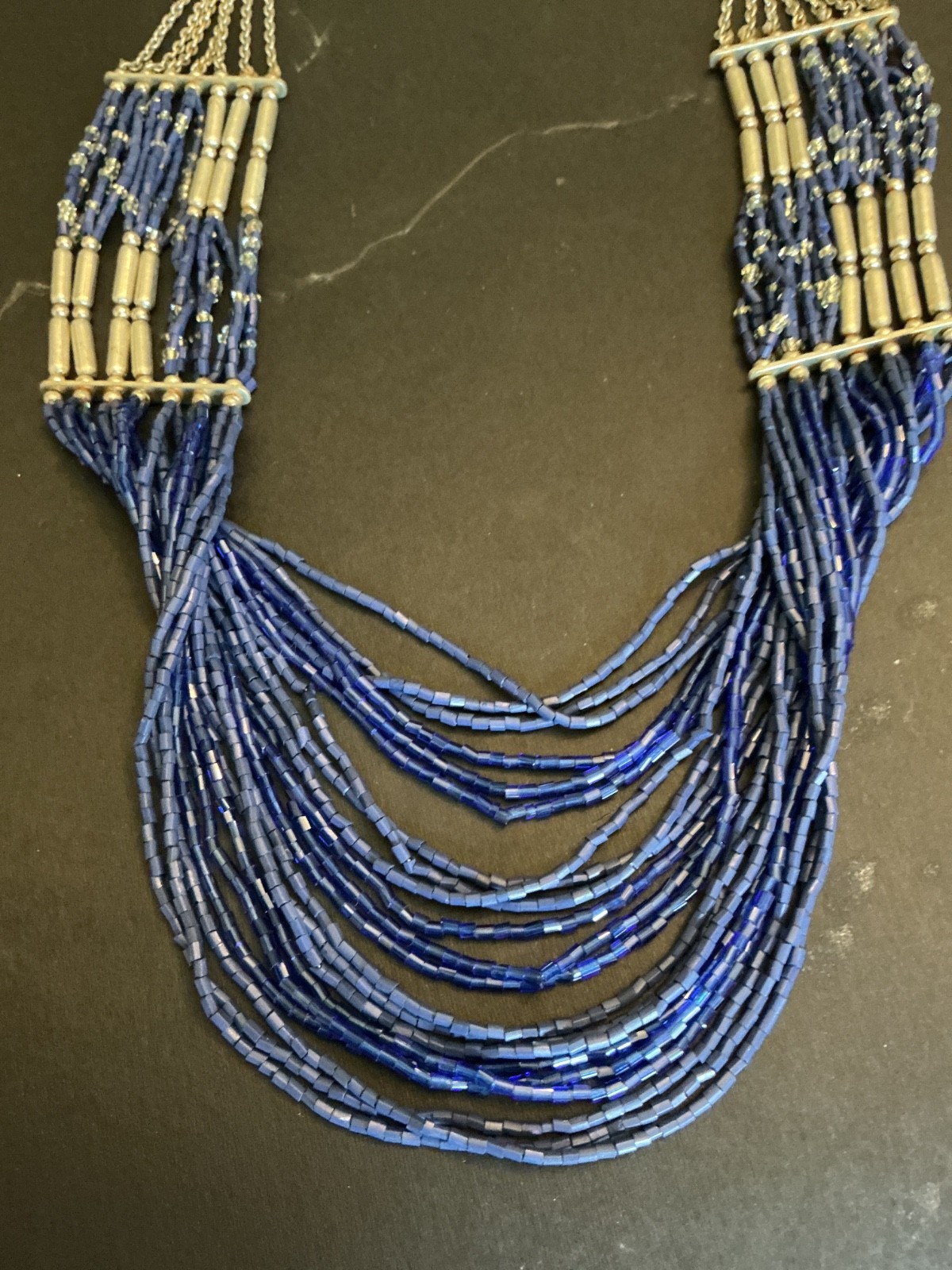 Vintage Multi-Strand Blue & Silver Beaded Boho Necklace Womens 22 Inches