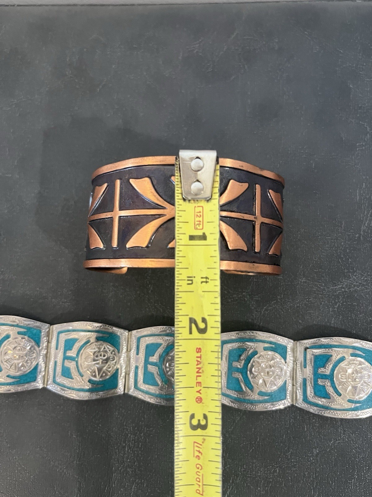 Bell Solid Copper Sterling 925 Joy Mex Turquoise Inlay Aztec Cuff Bracelet Vtg