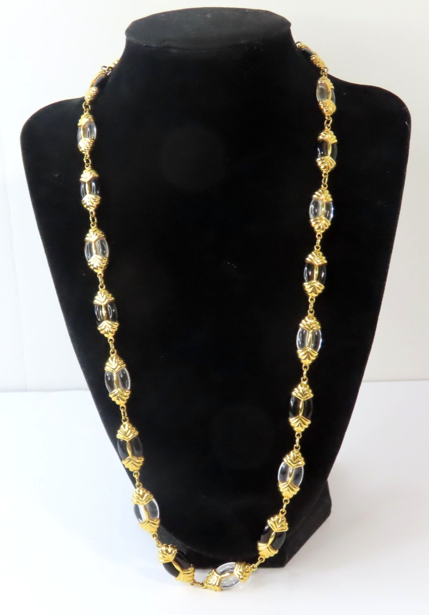 Swarovski Black & Clear Crystal Oval Bead Necklace Gold-tone w/Swan Mark 24″