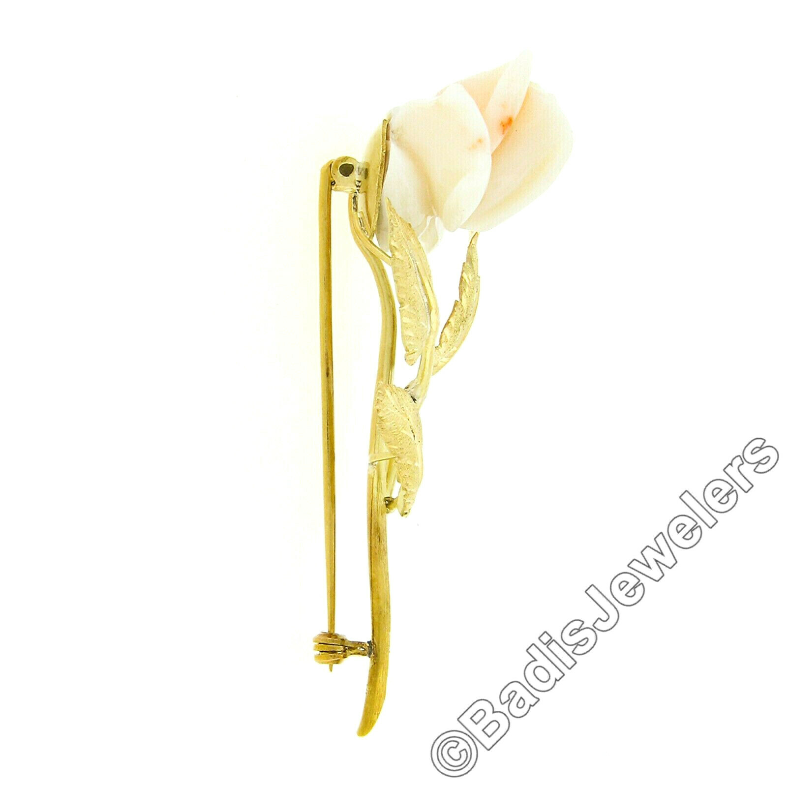 Vintage 18K Gold Carved Angel Skin Coral Rose Flower Hand Finish Leaves Brooch