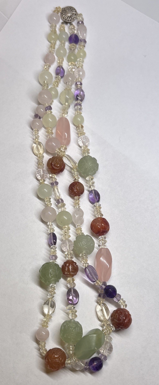 Multi-Gemstone 2-Strand Necklace Carved Jade Amethyst Sterling Silver STG 85g