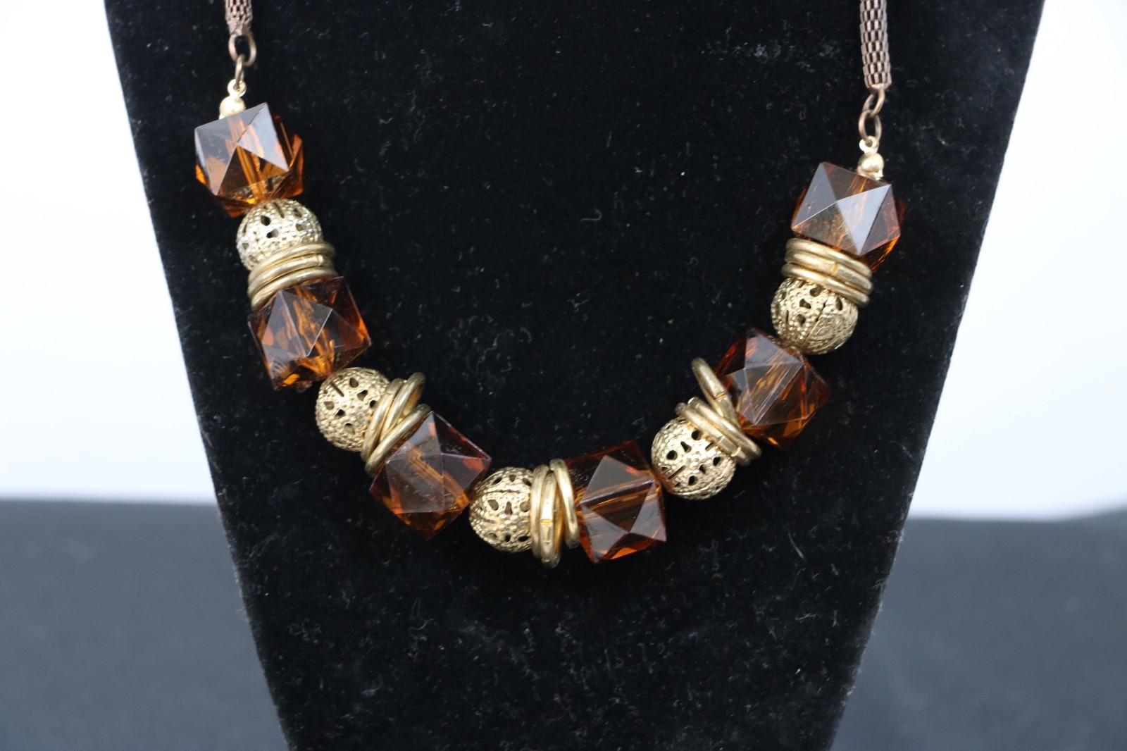 Vintage 80s Amber Lucite & Gold Filigree Beaded Statement Necklace Mesh Chain