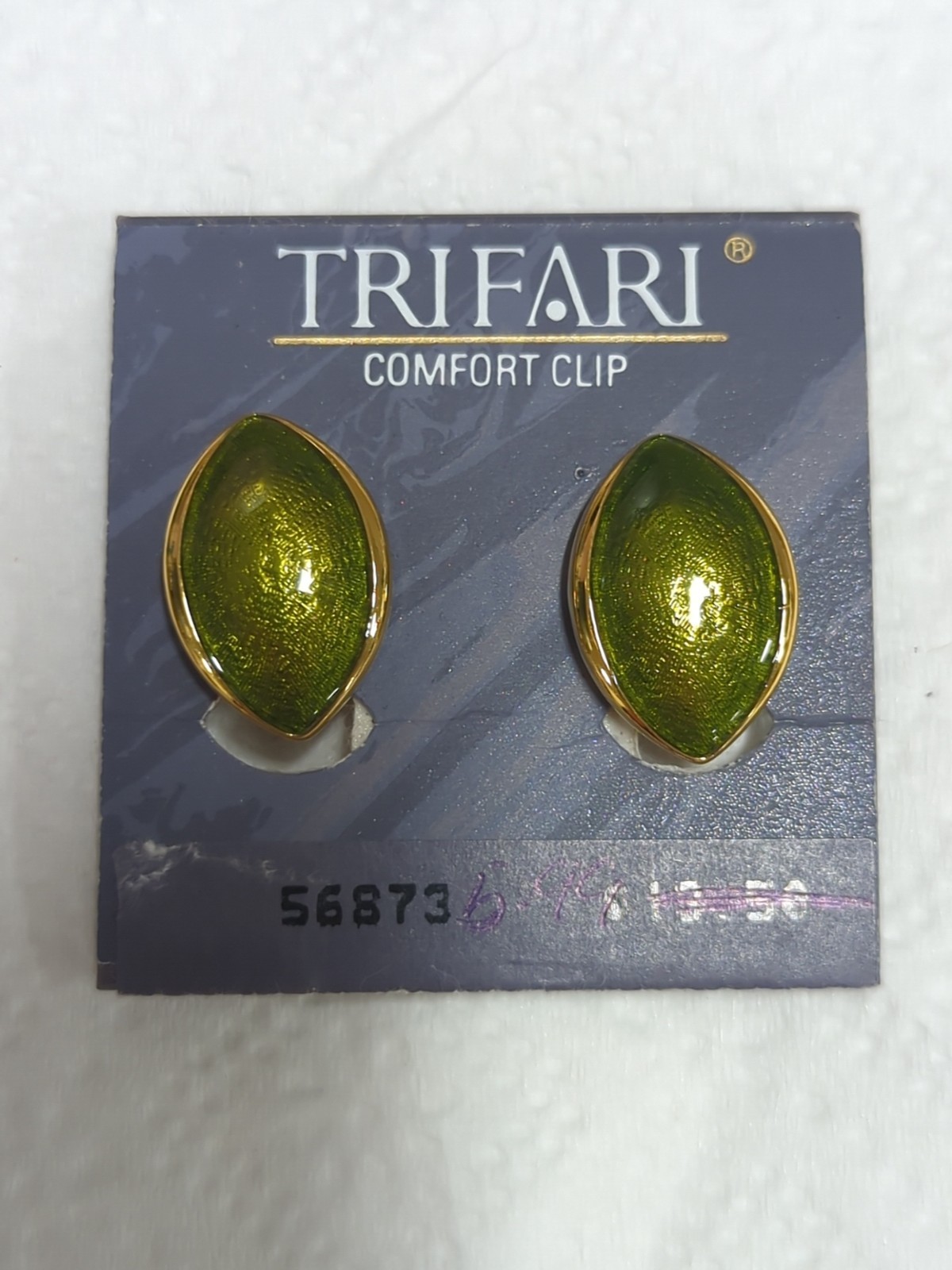 Vintage Trifari Comfort Clip Lime Green Enamel & Gold Oval Clip on Earrings NOS