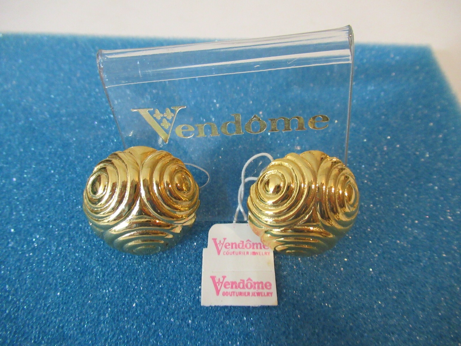 Vintage Vendome Gold Tone Round Spiral Earrings Signed Adjustable Clip on NOS
