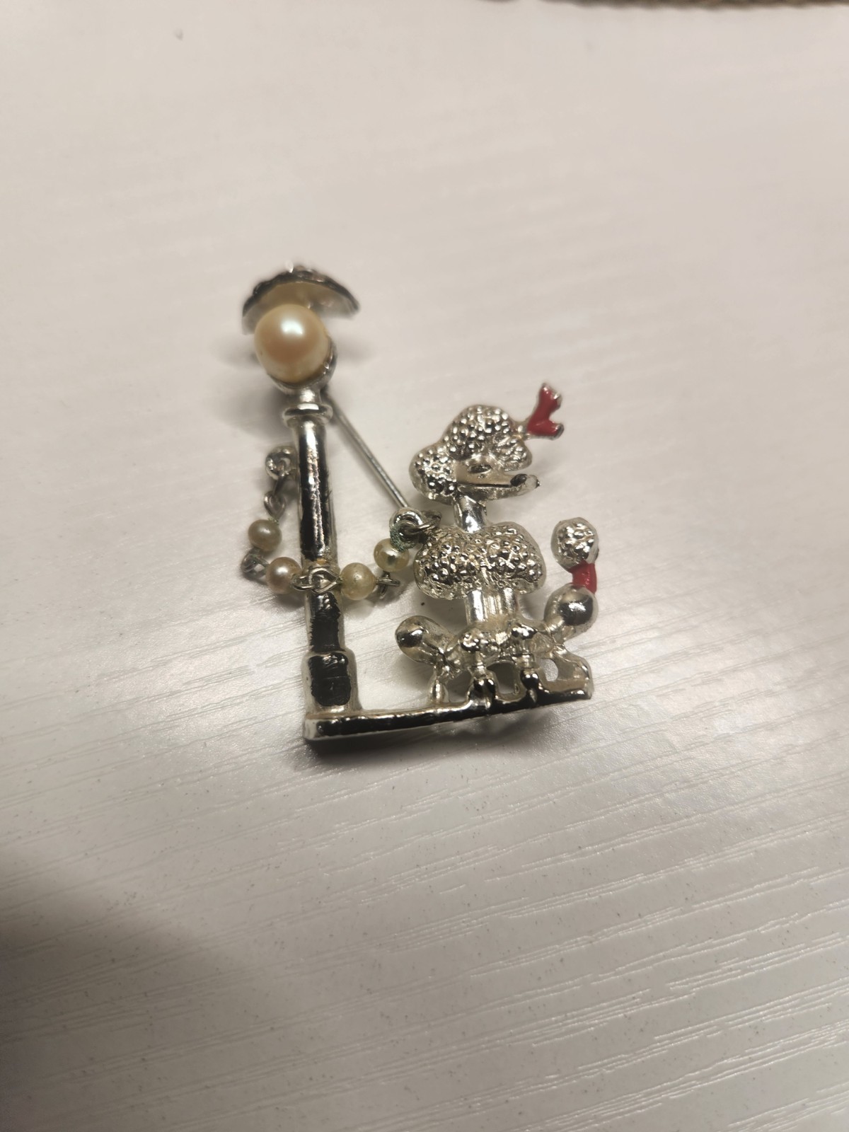 Vintage Lady Poodle Enamel Accents Rhinestone Chain to Lamp Post Brooch