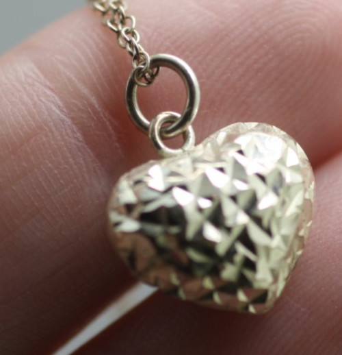 Vintage Sterling Silver 925 textured puff heart pendant chain necklace 16″
