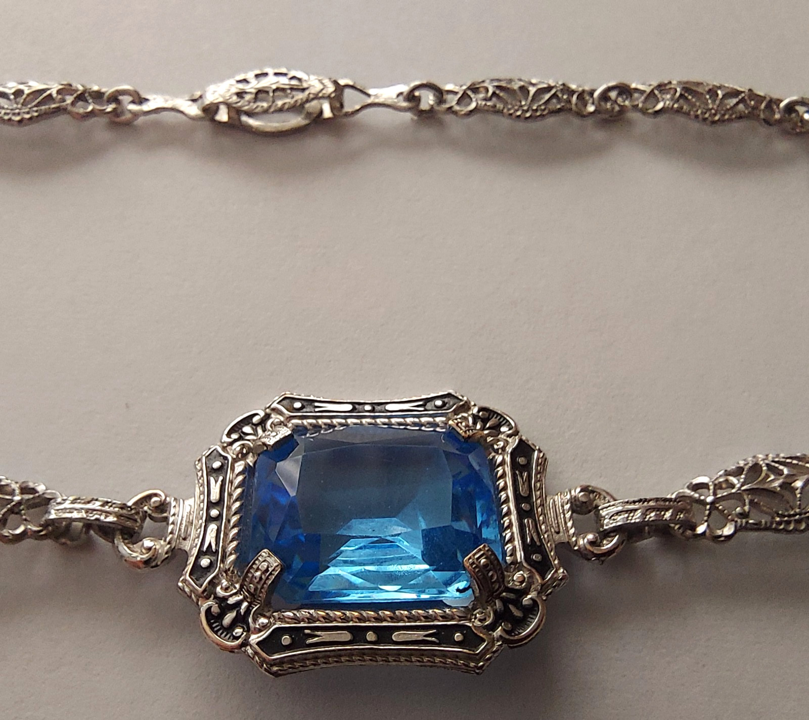 Antique Art Deco Blue Faceted Glass Ornate Filigree Bracelet & Earrings Set