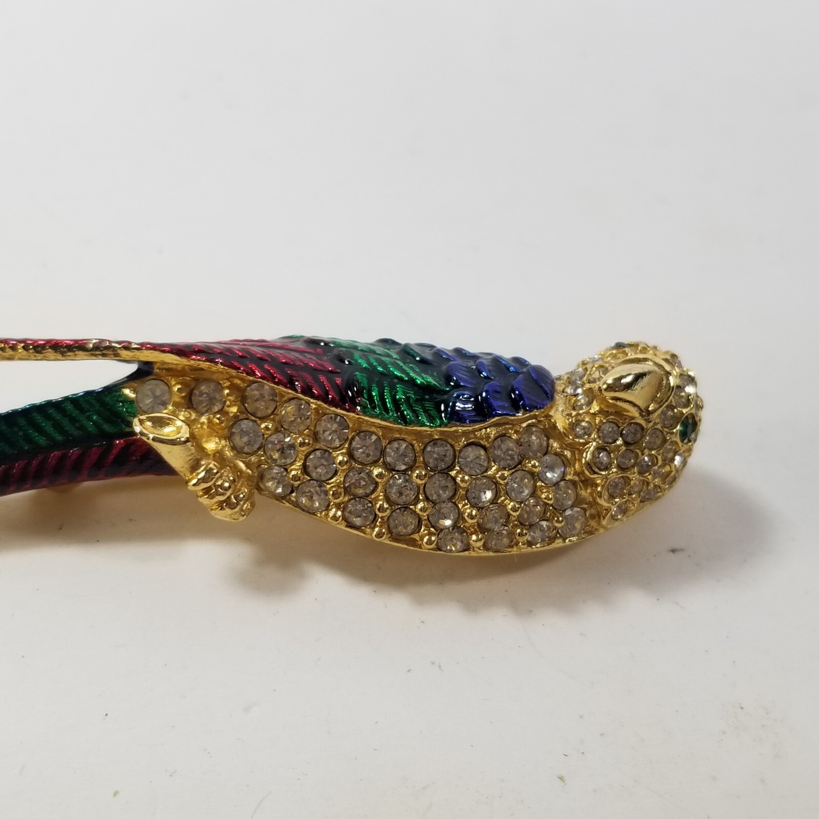 Vintage Rhinestone Parrot Brooch Enamel Red Green Blue Gold Tone Large