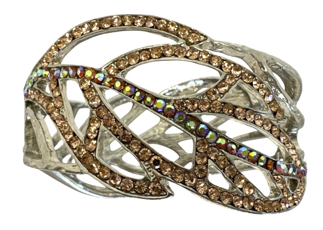Silver Tone Rhinestone Leaf Design Hinged Bracelet Open Filigree