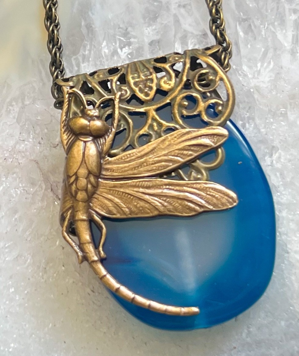 Dragonfly Necklace Art Nouveau Brass Damselfy Wrapped Blue Agate Pendant