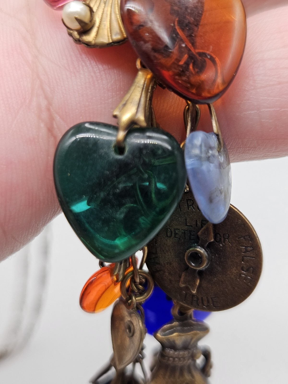 Glass Works Studio Brass Tone Multicolor Glass Dangle Hearts Charm Necklace
