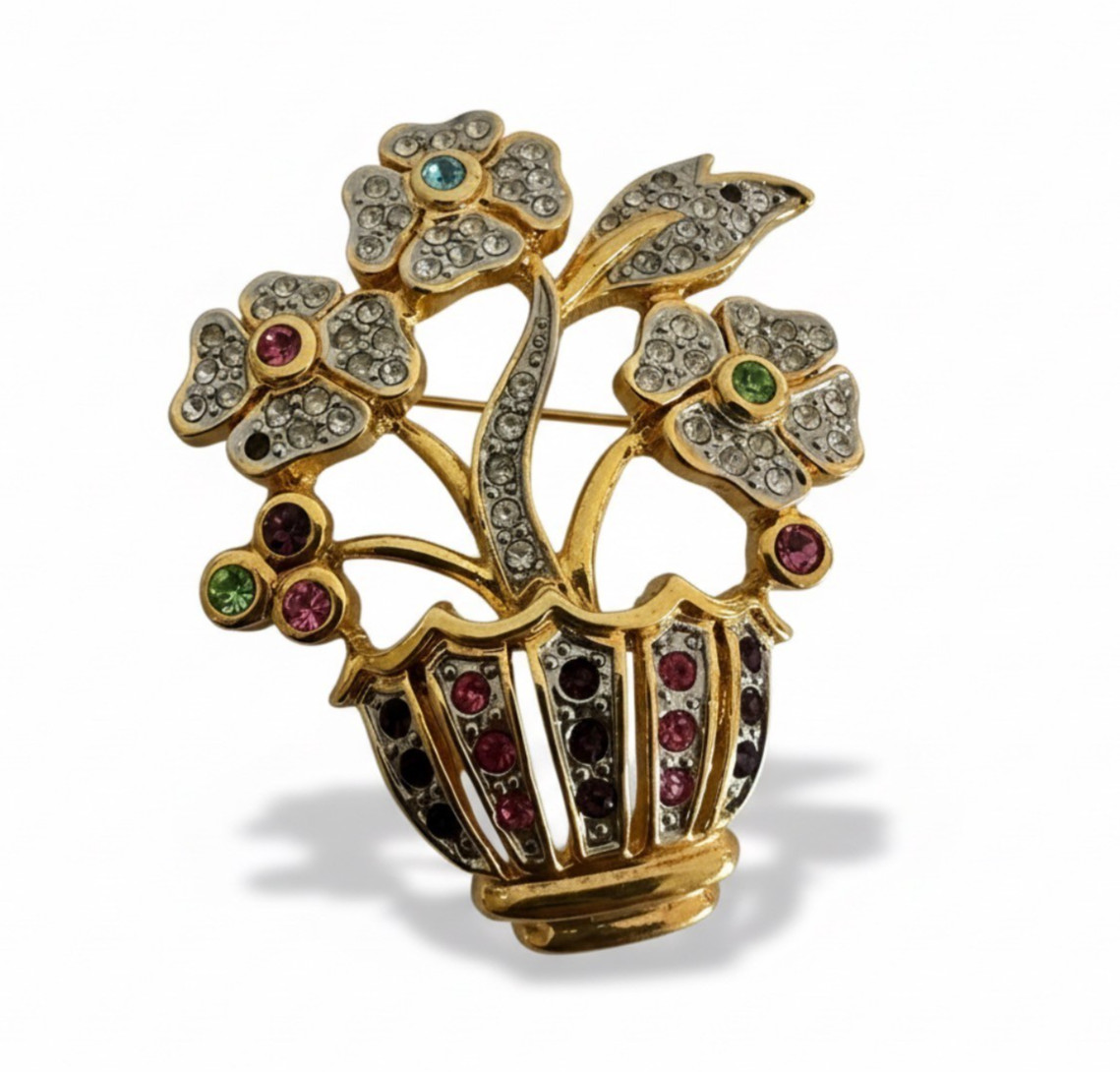 Vintage Rhinestone Flower Basket Brooch Gold Tone Garden Party Aesthetic