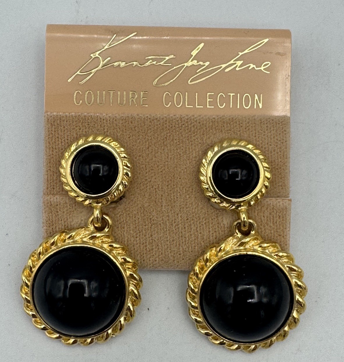 KJL Couture Gold Tone Clip On Earrings With Black Cabochons Dangle Signed Oncard
