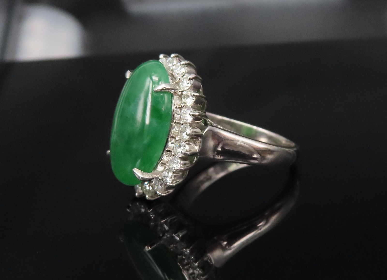 5.95ct Natural Green Jadeite Jade 0.75ct Diamond Platinum Ring Size 8.5