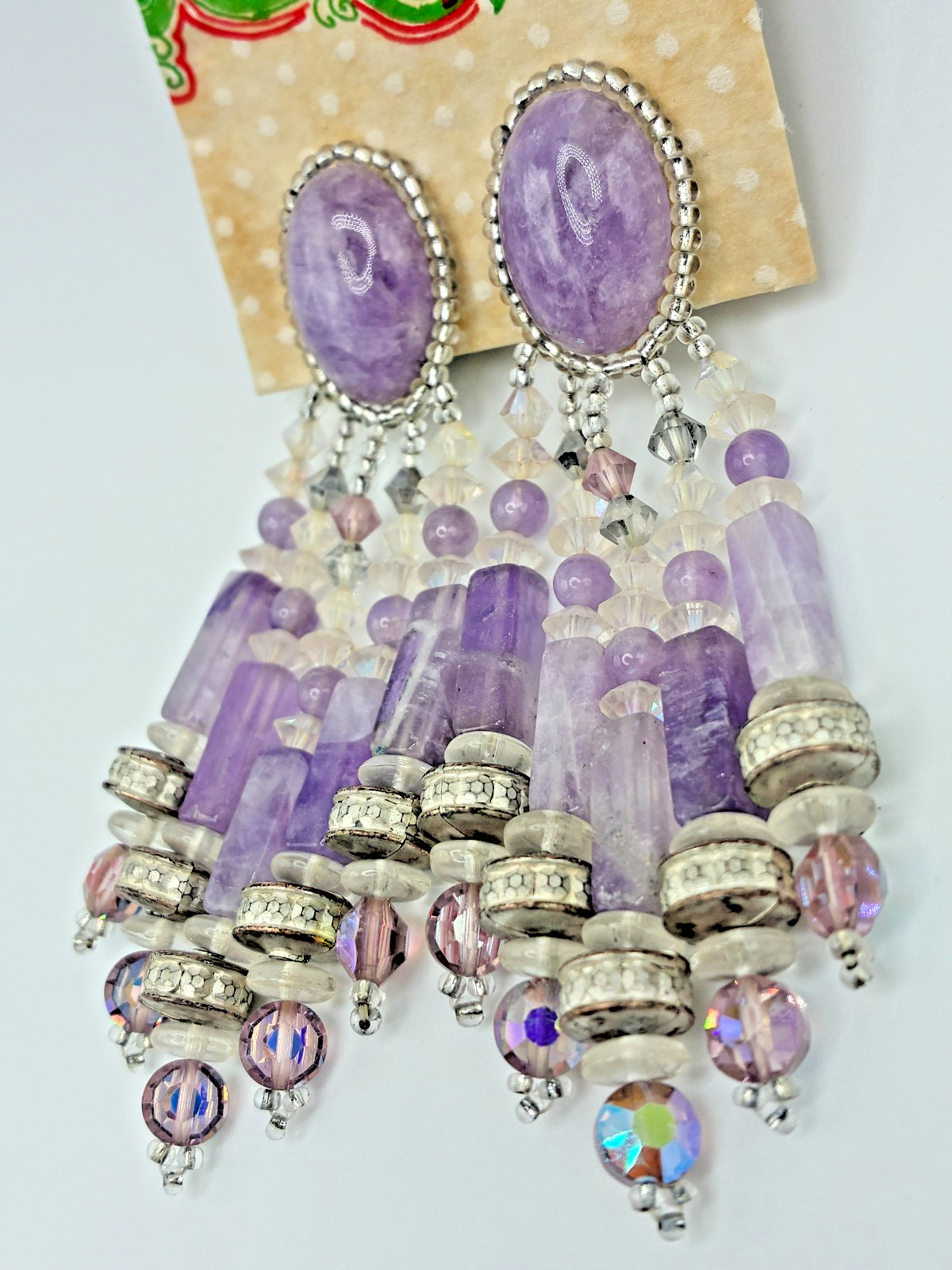Elegant Classy Vintage Chipita Amethyst Stone Aurora Borealis Bead Clip Earrings