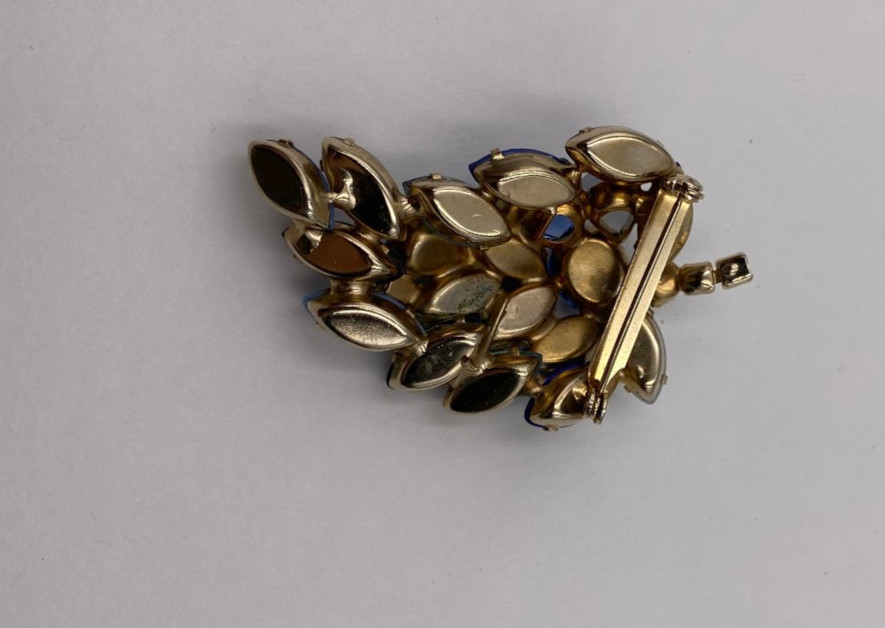 Vintage Blue and Purple Rhinestone 2.5″ Goldtone Brooch