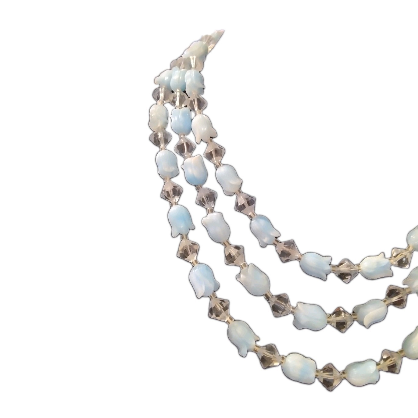 Vintage Japan Multi-Strand Beaded Necklace Blue Glass Gray Sim Crystal 18in Hook