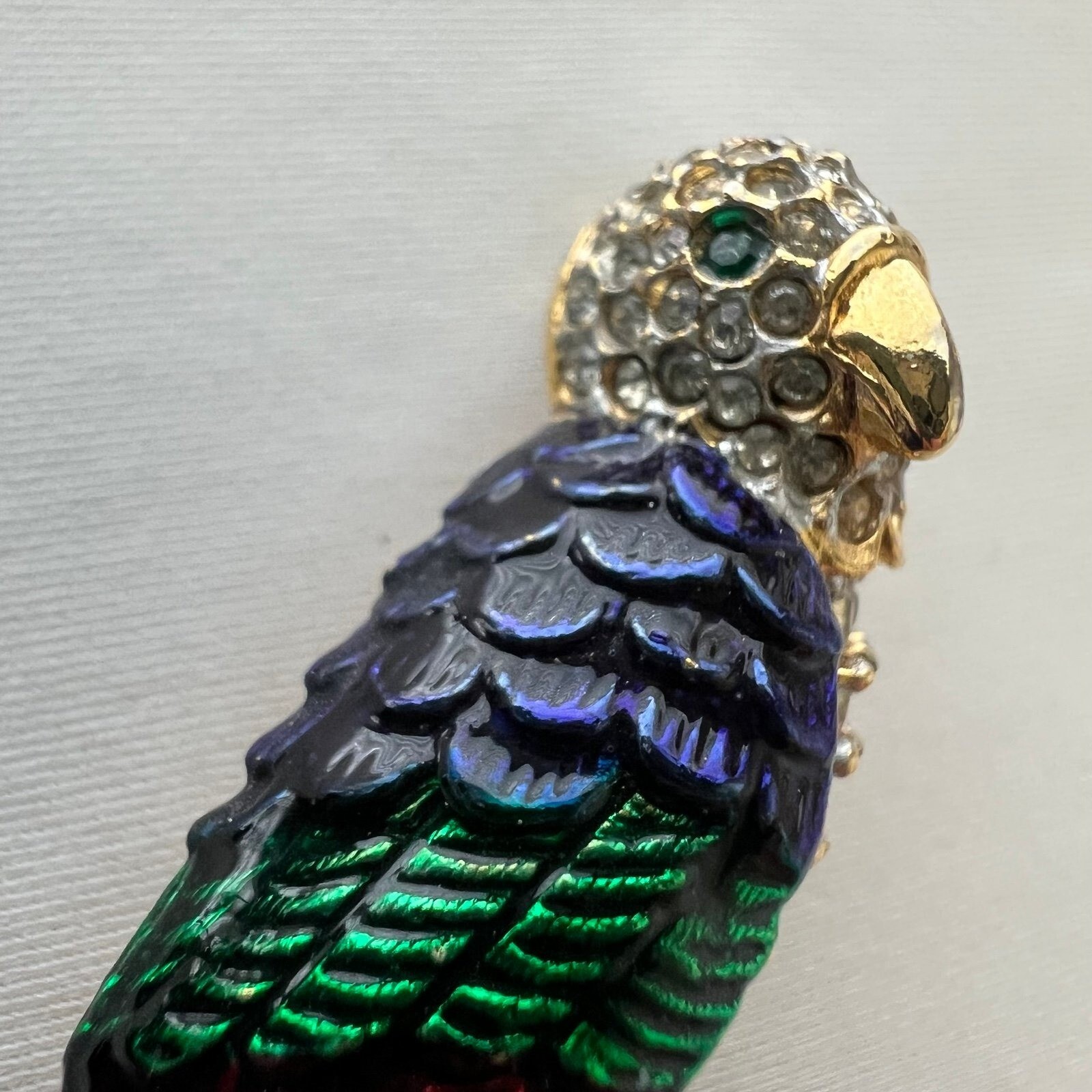 Vintage Pave Rhinestone Parrot Brooch Pin Guilloche Enamel Colorful Macaw Bird