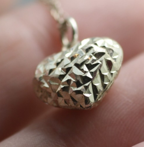 Vintage Sterling Silver 925 textured puff heart pendant chain necklace 16″