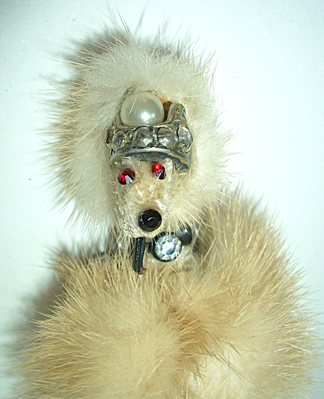 Vtg 1950s Genuine Mink Fur French Poodle Pin Rhinestone/Pearl Crown Collar Beige