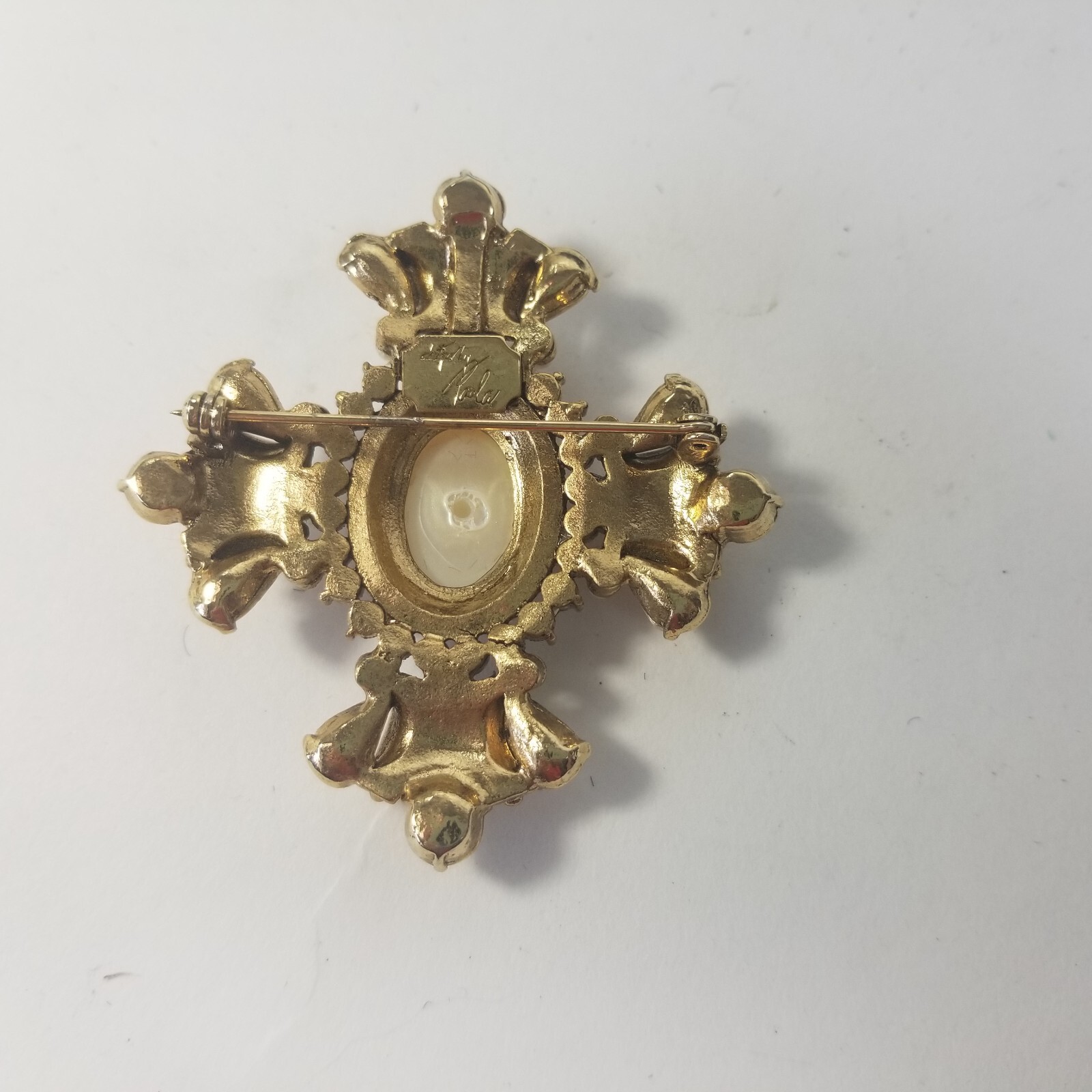 Maltese Cross Brooch Rhinestones Faux Pearls Gold-Tone VTG Designed By Paula