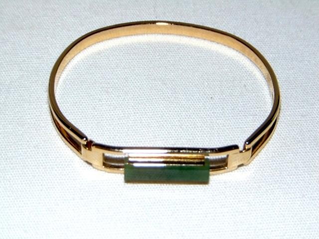 1978 AVON Gold Tone Modernist Bracelet, Clamper Clip Bangle, JADE Stone
