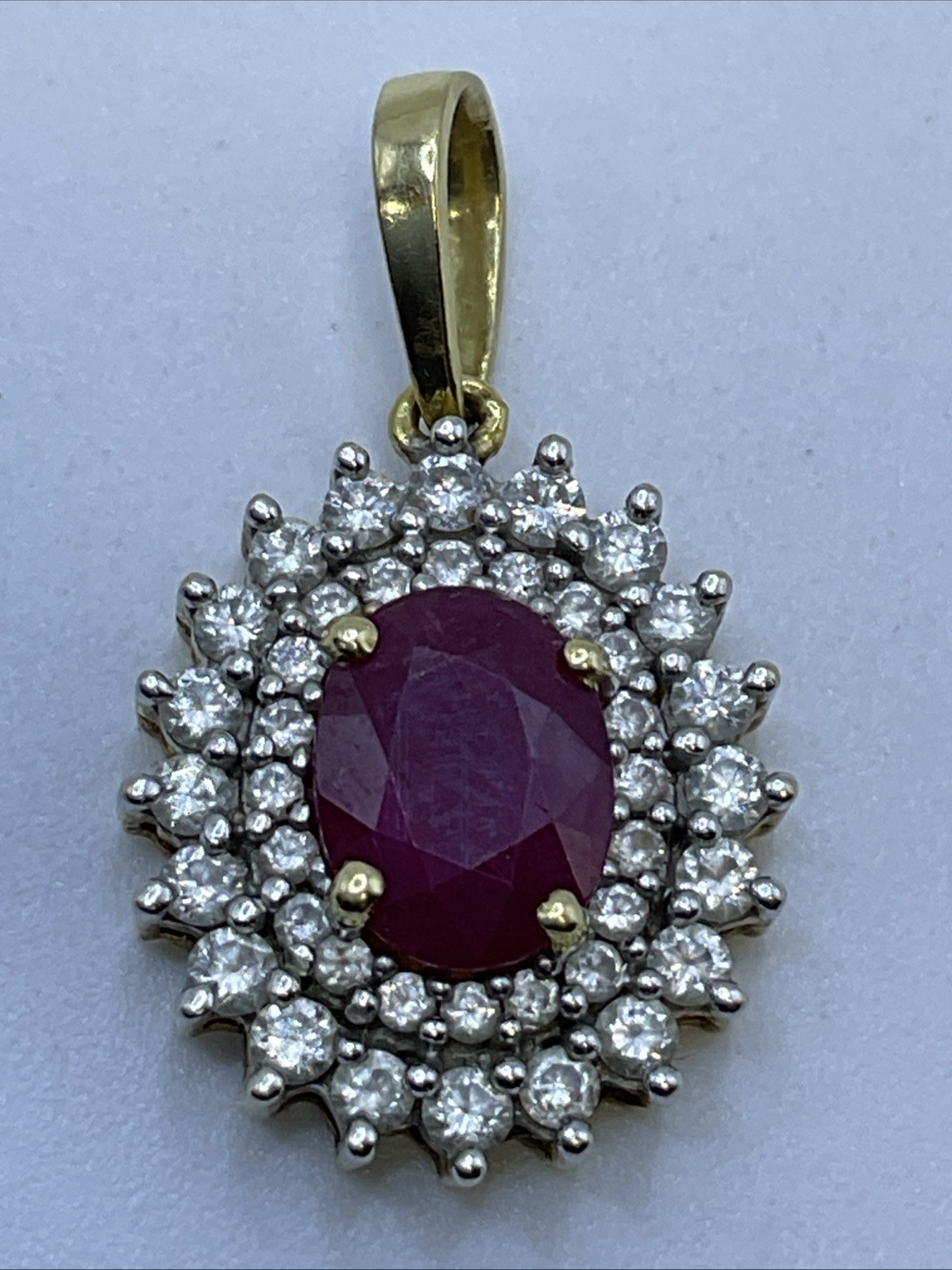 VINTAGE HANDMADE Solid 18K(750) Y.Gold Ruby & Diamonds DOUBLE HALO Style Pendant