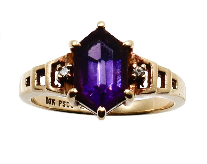 Vintage PSCO 10K Gold Ring Hexagon Purple Glass Stone Diamond Accents Size 6