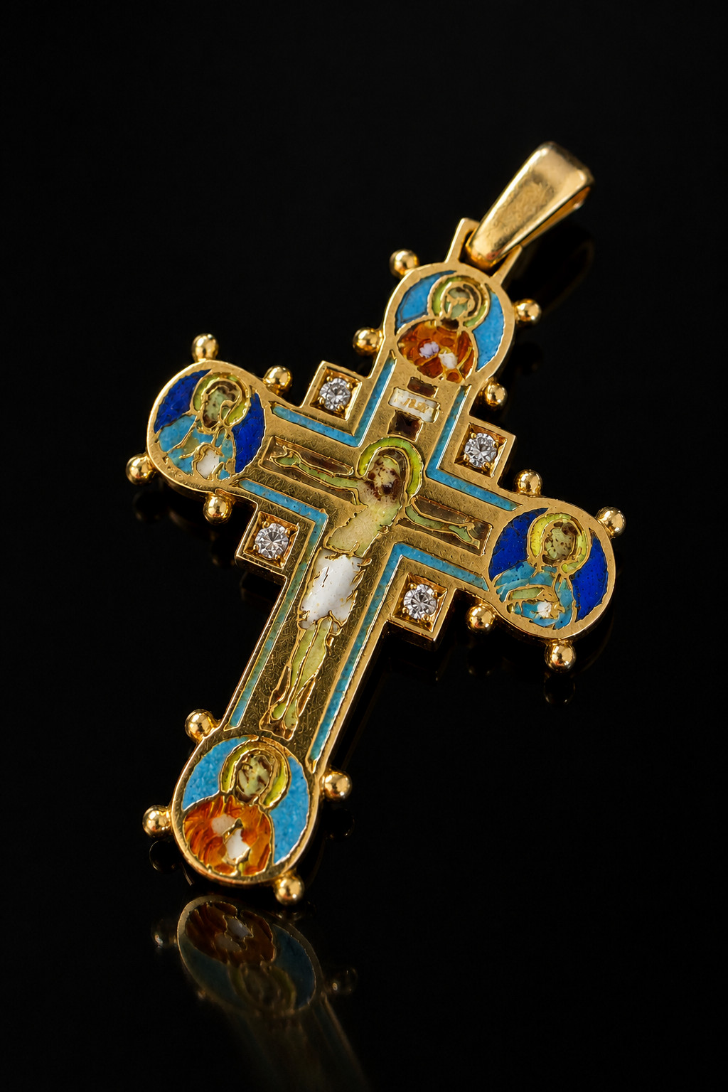 Antique Byzantine Revival Cross Pendant 18K Gold Enamel 4 Diamond Rare Religious