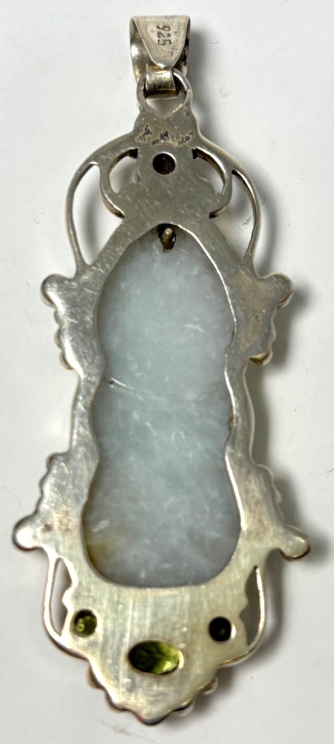 VTG Pendant 925 Silver Scroll Icy White Jadeite Hand-carved Buddha Peridot Pearl
