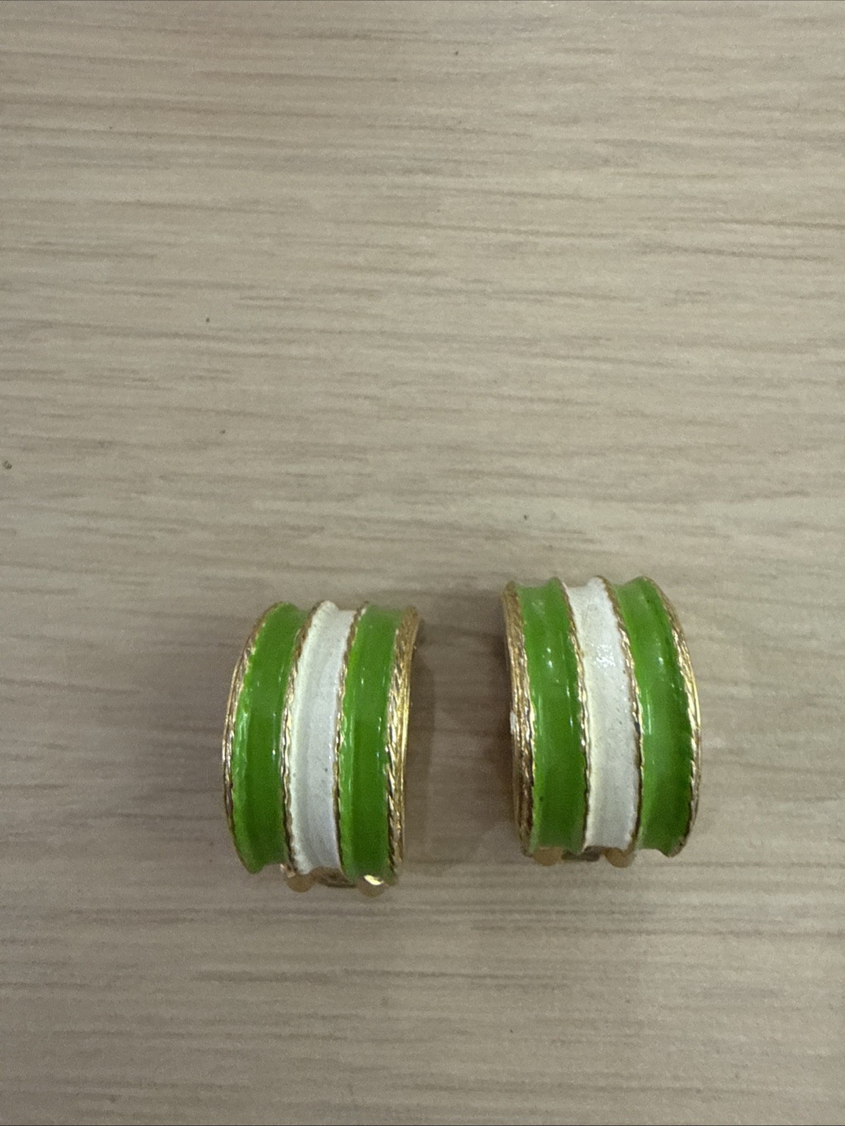 MIMI DI N Lime Green And White Striped Enamel Half Hoop Clip Earrings Gold Tone